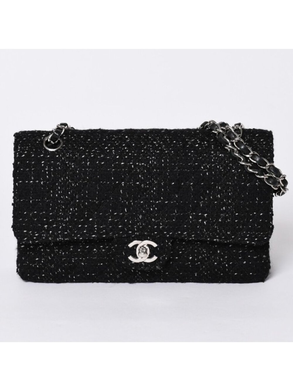 Chanel Quilted 25 Double Flap Chain Shoulder Bag CC Logo Tweed Leather Black